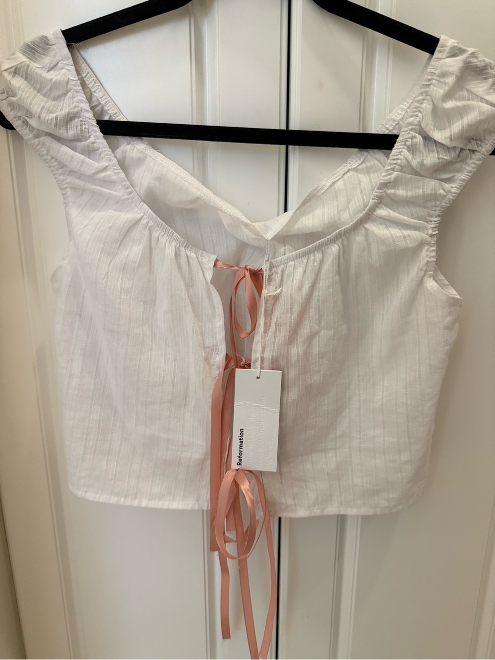 Reformation White Cotton Crop Top with Pink Ribbon Ties